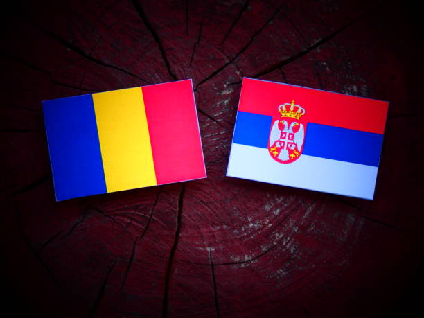istock Chad flag with Serbian flag on a tree stump isolated 821043626