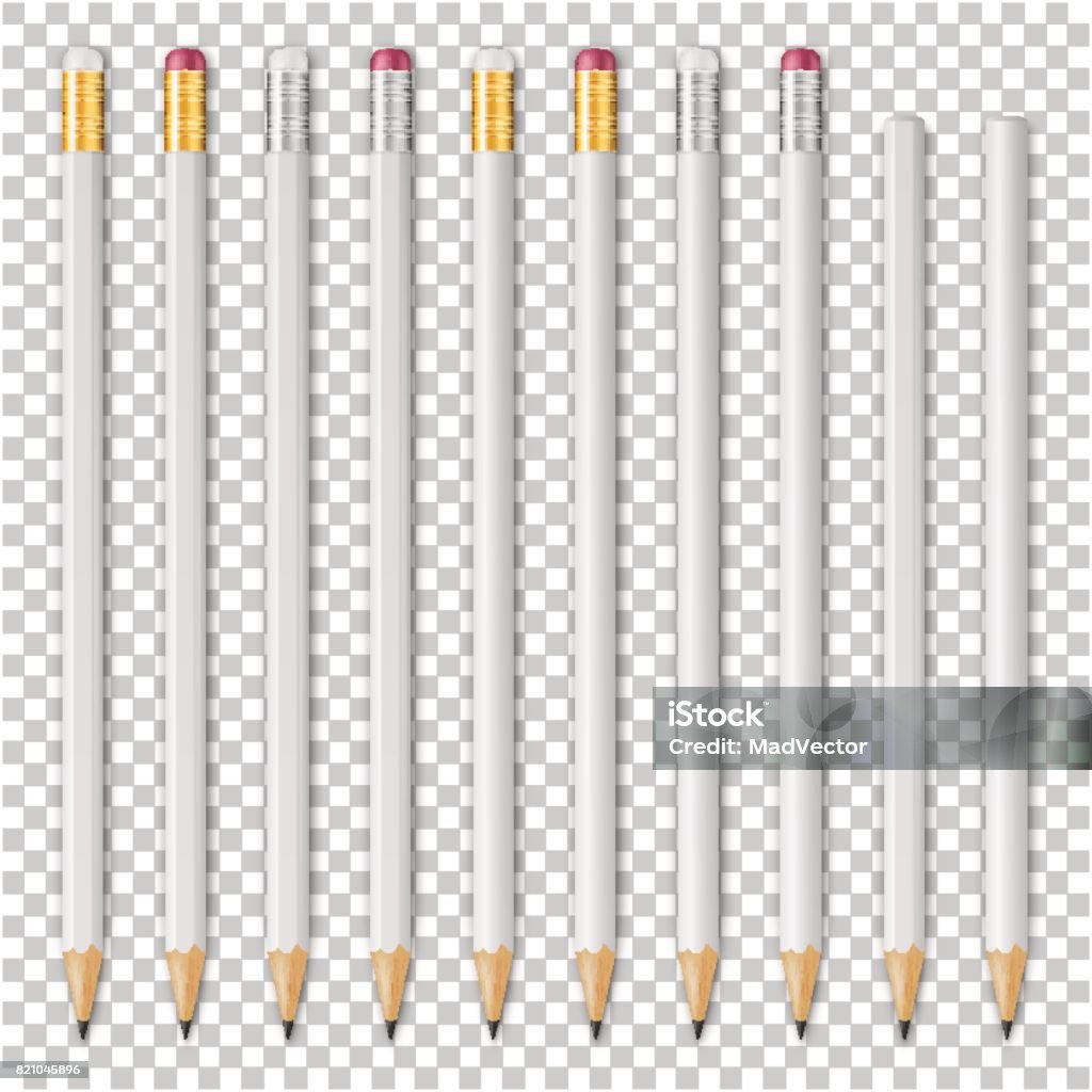 Realistic vector white empty wood sharp pencil icon set. Closeup isolated on transparent background. Design template for branding, mockup. EPS10 Realistic vector white empty wood sharp pencil icon set. Closeup isolated on transparent background. Design template for branding, mockup. EPS10 illustration. White Color stock vector