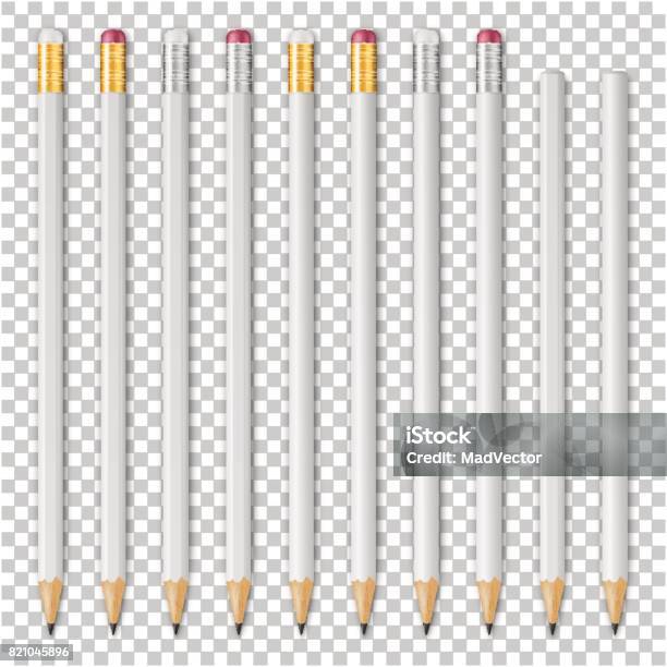 Realistic Vector White Empty Wood Sharp Pencil Icon Set Closeup Isolated On Transparent Background Design Template For Branding Mockup Eps10 Stock Illustration - Download Image Now