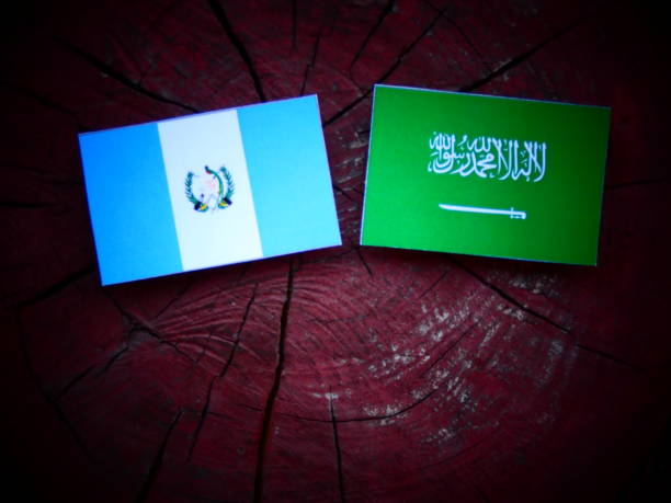 istock Guatemalan flag with Saudi Arabian flag on a tree stump isolated 821052314