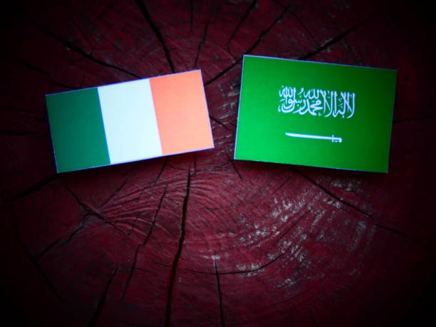 istock Irish flag with Saudi Arabian flag on a tree stump isolated 821057170