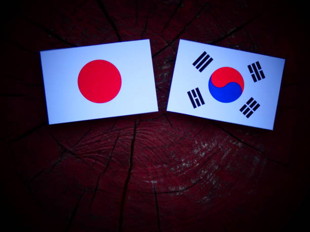 分離された木の切り株に韓国国旗と日本の国旗 - japanese military ストックフォトと画像