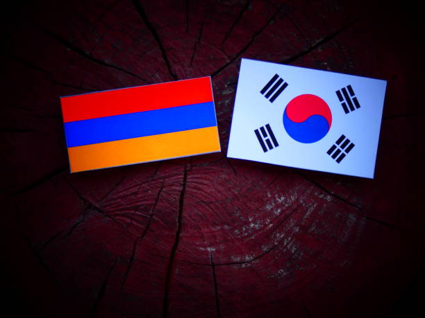 istock Armenian flag with South Korean flag on a tree stump isolated 821057542