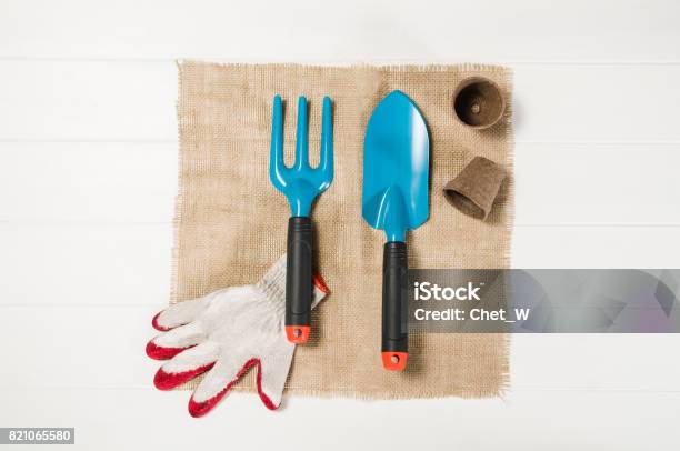 Gardening Tools Top View On White Wooden Planks Background Stock Photo - Download Image Now