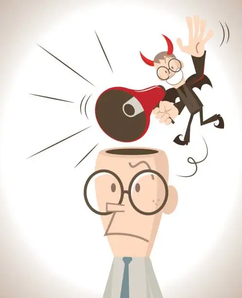 Vector illustration of Businessman with open head, a little red evil devil talking (shouting, laughing) through a megaphone and flying around
