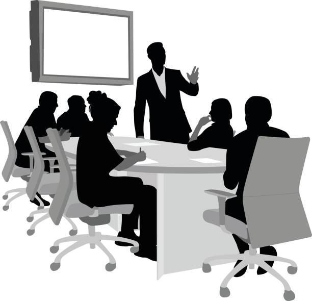 Executive Boardroom Silhouette vector illustration of a boardroom with business people listening to a presentation person presenting silhouette stock illustrations