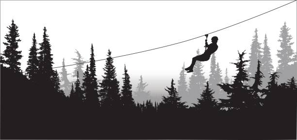 Forest Zipline Adventures Silhouette illustration of someone going down a zipline among the trees zip line stock illustrations