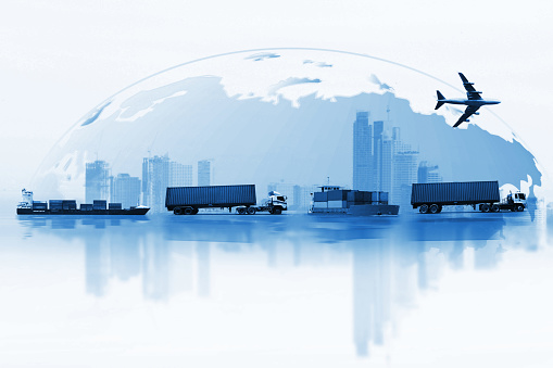 Shipping, delivery car, ship, plane transport on a background map of the world. Fast delivery concept. Delivery Global business of Container Cargo freight train for logistic import export, Business logistics concept ,  Air cargo trucking , rail transportation , maritime shipping , On-time delivery