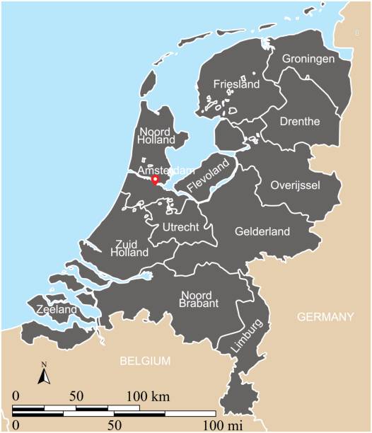 stockillustraties, clipart, cartoons en iconen met nederland kaart vector overzicht met schalen, staten of provincies, buur landen grenzen en namen - maastricht