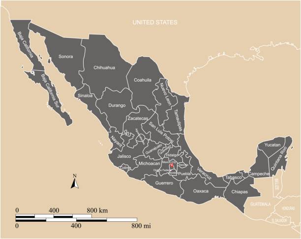 Mexico map vector outline with scales, states or provinces, neighbor countries borders and names This vector map of Mexico country has been accurately made by a graphic designer who has a postgraduate degree in GIS and remote sensing. You can use this map to show your study site of a project. morelos state stock illustrations