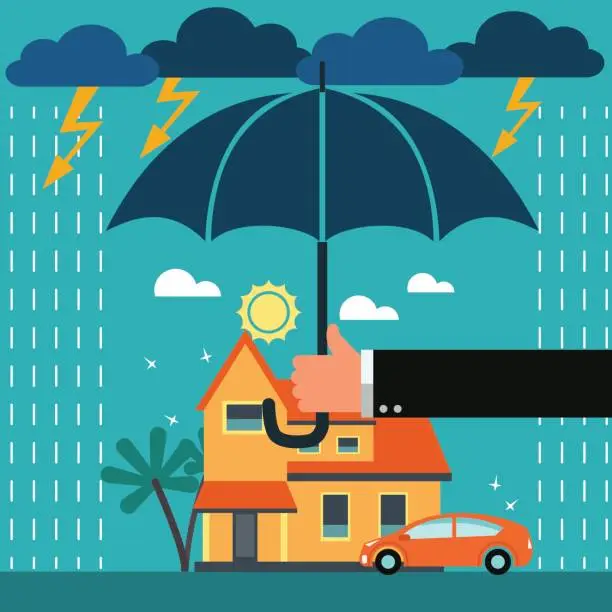 Vector illustration of Insurance agent with umbrella under thunderstorm protecting house and car. Insurance, risk, crisis, financial problems, mortgages and banking service