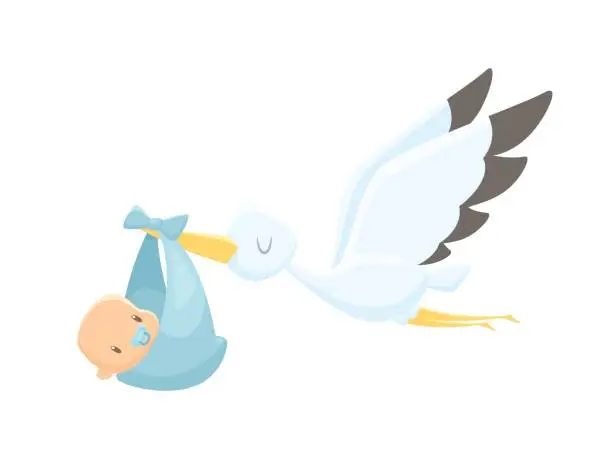 Vector illustration of Cartoon stork carrying baby vector illustration