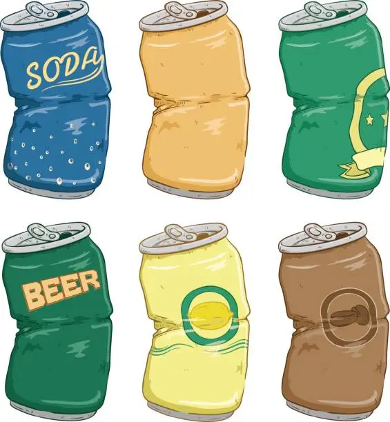 Vector illustration of Set Of Broken Beer, Lime, Coffee And Soda Cans With Color And Doodle Or Sketchy Style