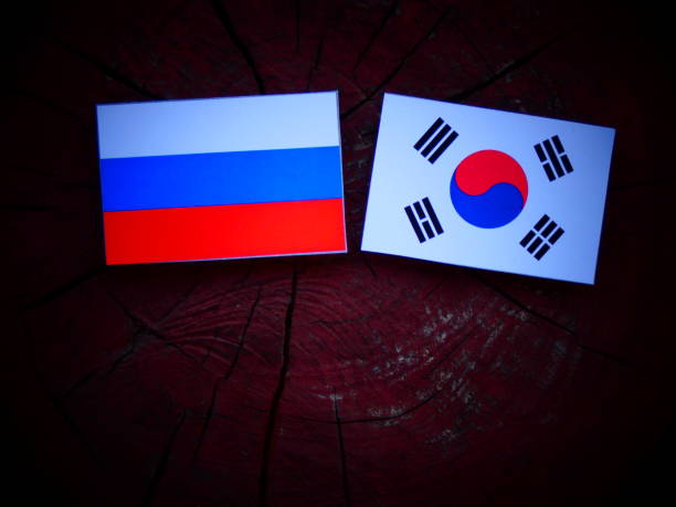 istock Russian flag with South Korean flag on a tree stump isolated 821135360