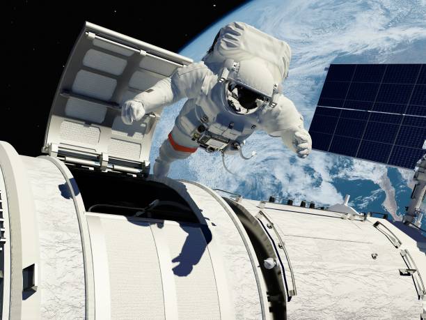 Access to space. Astronaut goes through the hatch into space."Elemen ts of this image furnished by NASA".3d render cosmonaut stock pictures, royalty-free photos & images