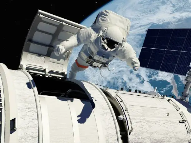 Astronaut goes through the hatch into space."Elemen ts of this image furnished by NASA".3d render