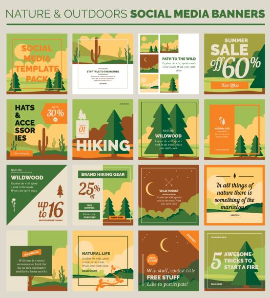 Nature and outdoors social media banners Nature social media banners and post templates. Outlined vector design, easy to edit. EPS v.10 file. camping drawings stock illustrations
