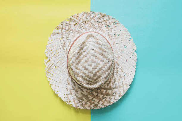 istock Summer minimal background concept. Straw hat on yellow and blue background. Pastel color filter. 821150196