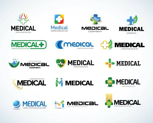 illustrazioni stock, clip art, cartoni animati e icone di tendenza di set di modelli di design di emblemi medici e sanitari.  illustrazione vettoriale isolata - medical logos