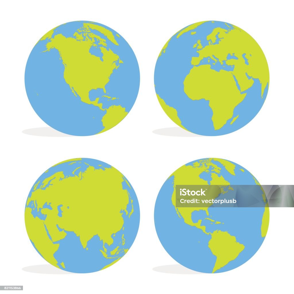 Green and blue cartoon world map globe set vector illustration Green and blue cartoon world map globe set vector illustration. Planet - Space stock vector