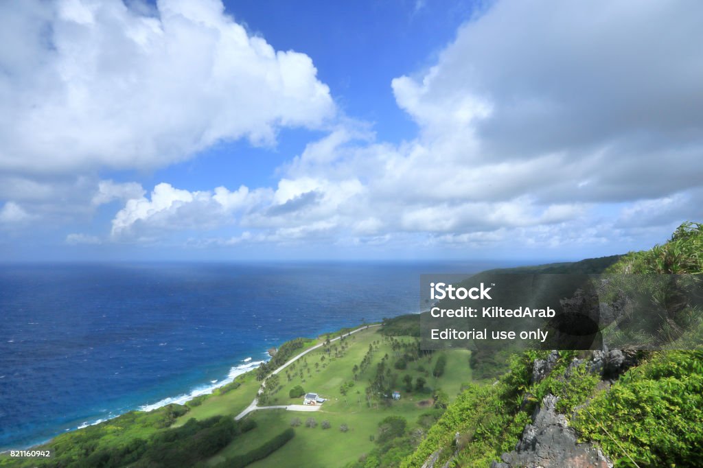 Golf Course lookout on Christmas Island, an Australian territory in the Indian Ocean This viewpoint on Christmas Island affords glorious sweeoing views of the local golf course, coastline and Indian Ocean Christmas Island Stock Photo
