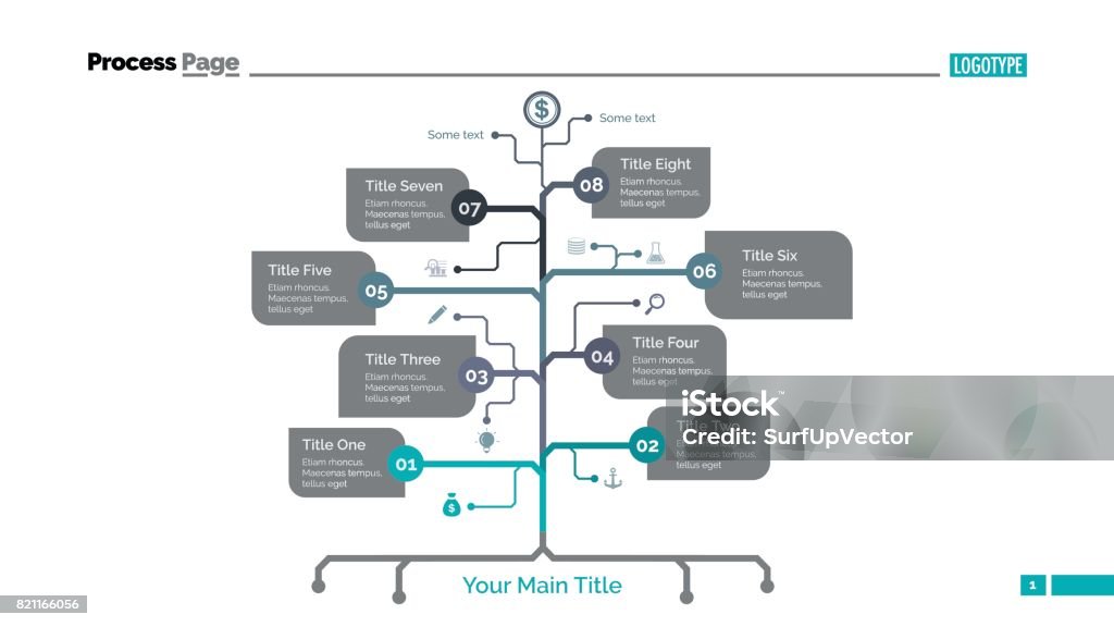 Eight Branch Tree Slide Template Process chart slide template. Business data. Graph, diagram. Creative concept for infographic, templates, presentation. Can be used for topics like planning, teamwork. Decisions stock vector