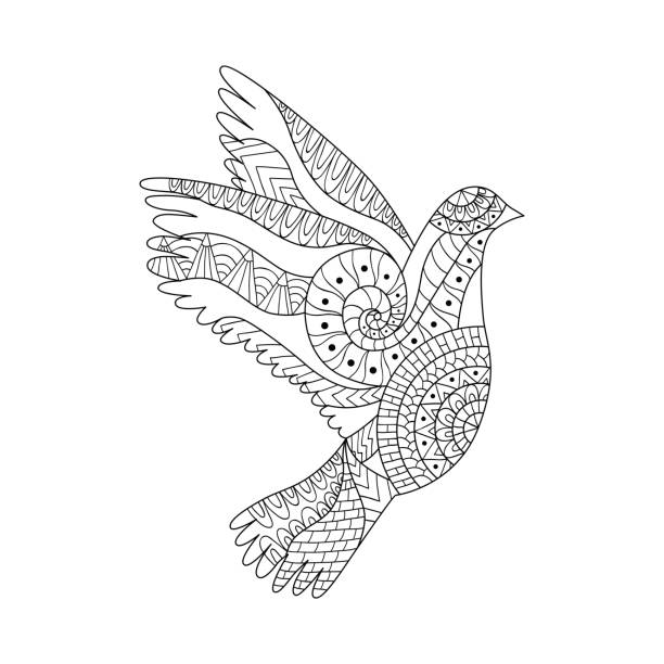 Hand drawn flying dove for adult anti stress colouring page. Hand drawn flying dove for adult anti stress colouring page. Pattern for coloring book. Ornamental floral Pigeon for Peace Day.  Monochrome variant. Ethnic pattern. signs and symbols stock illustrations