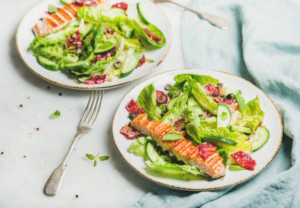 istock Healthy energy boosting spring salad with grilled salmon 821186728