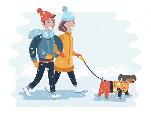 istock Happy couple walking in winter snow park with dog 821198140