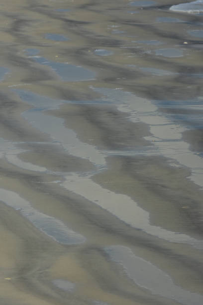 istock Trapped water between sand ridges on beach after wave wash 821205912