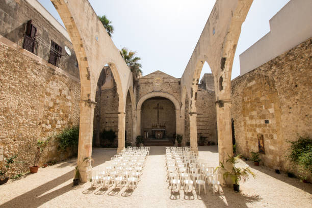 Roofless church in Sicily. Wedding church in summertime in Siracusa stock photo