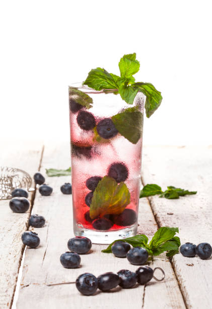 istock Summer cold drink with blueberry, mint and ice in glass on white background 821212782