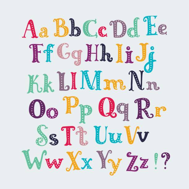 niedliche typographie buchstaben gesetzt. groß- und kleinbuchstaben zeichen - child alphabetical order writing alphabet stock-grafiken, -clipart, -cartoons und -symbole