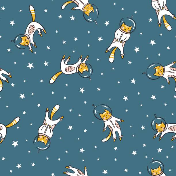 ilustraciones, imágenes clip art, dibujos animados e iconos de stock de astronauta en el espacio, patrón transparente de vector en gato gracioso. gato como un cosmonauta, traje espacial, divertido patrón sin costuras, diseño para niños - voyager nave espacial