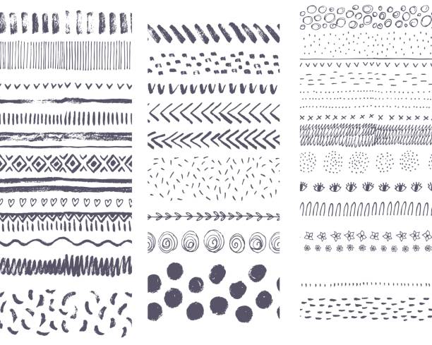Set of vector seamless hand drawn ink textures. It can be used for simple and creative striped seamless patterns. Collection of handwritten brushes. Set of vector seamless hand drawn ink textures. It can be used for simple and creative striped seamless patterns. Collection of handwritten brushes. hand patterns stock illustrations