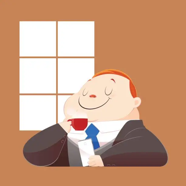 Vector illustration of A happy fat business man in black suit is drinking hot coffee and surfing internet on his mobile. Concept with Cartoon and Vector.