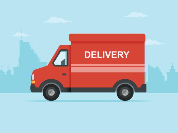 Red Delivery Truck Red delivery truck in a city. Flat design style. delivery van stock illustrations