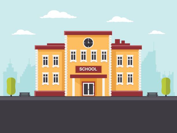 School Building School building in a city. Flat design style. state school stock illustrations