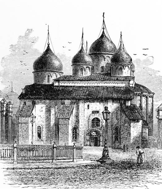 Cathedral of St Sophia at Novgorod in Moscow Cathedral of St Sophia at Novgorod in Moscow from the historic 1889 book "Russian Pictures" когда повысят зарплату медикам в украине stock illustrations