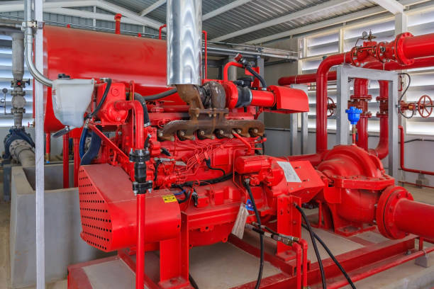 istock Industrial fire pump station for water sprinkler piping and fire alarm control system. Pipelines, water pump, valves, manometers. 821244370