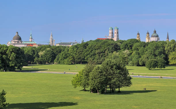 skyline di monaco, vista da englischer garten, germania - chiesa dei frati teatini foto e immagini stock