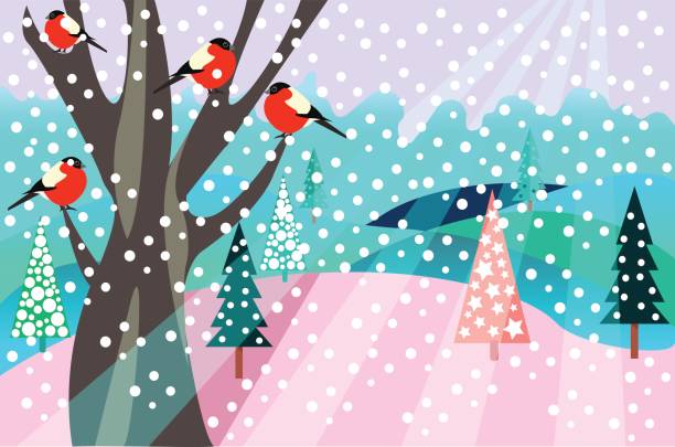 christmas pattern happy holidays winter landscape with firs, tree and birds bullfinch. vector art illustration