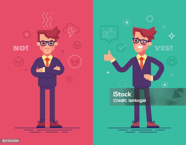 Angry And Positive Businessmen Funny Vector Characters With Mood Icons On Background Stock Illustration - Download Image Now