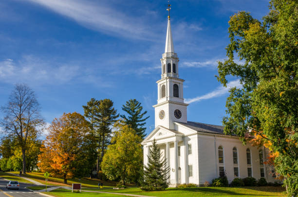 Traditional American White Church and Blue Sky Traditional American White Church with a high Steeple in Williamstown, MA, on a Clear Autumn Day steeple stock pictures, royalty-free photos & images