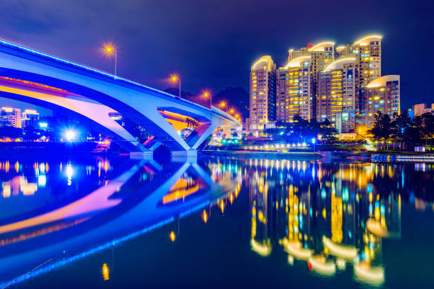 istock Riverside night view of bridge 821258952