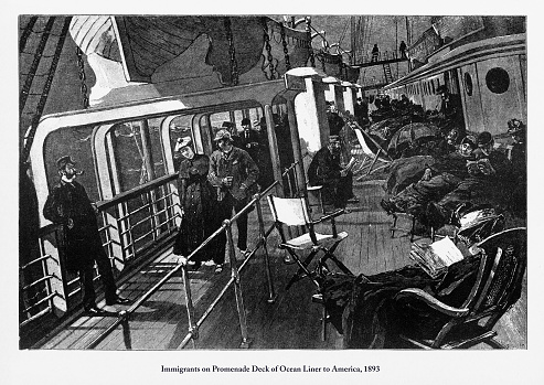 Beautifully Illustrated Antique Engraved Victorian Illustration of Immigrants TImmigrants on Promenade Deck of Ocean Liner to America. Source: Original edition from my own archives. Copyright has expired on this artwork. Digitally restored.