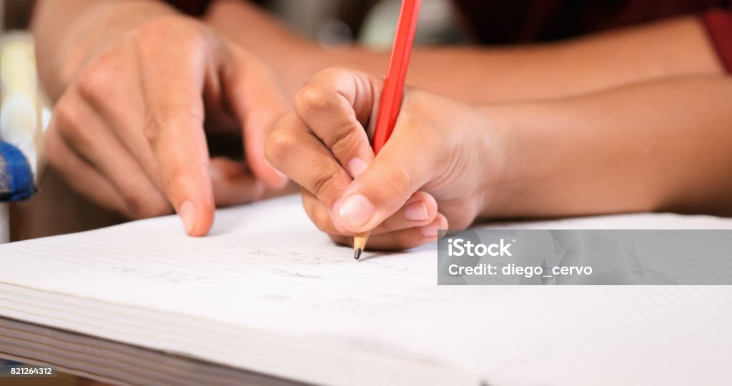 Fille de primaire à faire leurs devoirs sur le cahier d’exercices d’écriture à la main - Photo de Professeur à domicile libre de droits