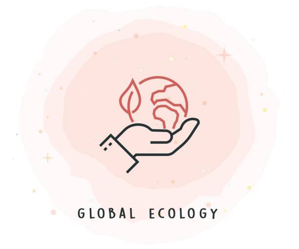 글로벌 생태 아이콘 수채화 패치 - globe human hand earth world map stock illustrations