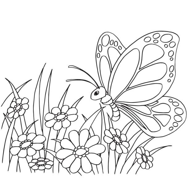 illustrations, cliparts, dessins animés et icônes de dessin animé papillon et fleur, vecteur de la page à colorier - abstract leaf curve posing