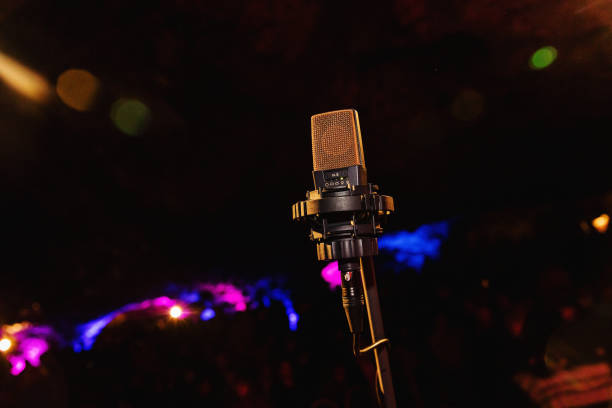 istock Microphone. Retro microphone. A microphone on stage. A pub. Bar. Restaurant. Classic. Evening. Night show. European restaurant. European bar. American restaurant. American bar. 821278258